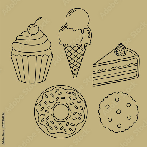 A delightful assortment of sweet treats featuring a cupcake, ice cream cone, cake slice, donut, and cookie.