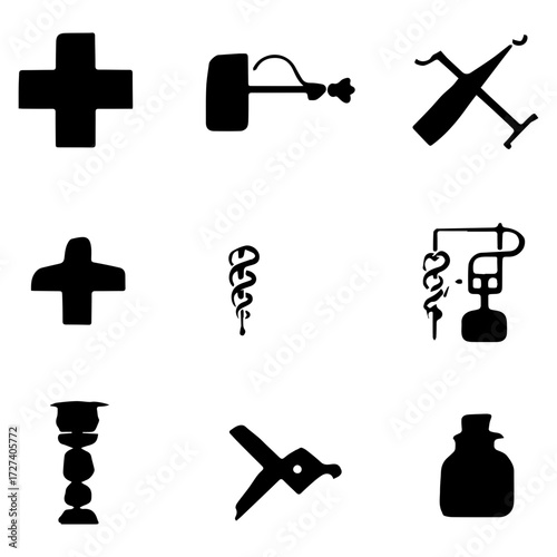 A black vector set of medical icons including a cross symbol illustration is a useful design for a tattoo or silhouette