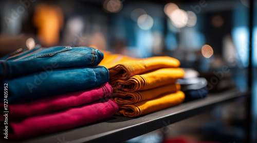 Jeans are displayed on a shop shelf hyper realistic fabric textures with clear details moody shadows on the display bright saturation in clothing colors retail clothing jeans