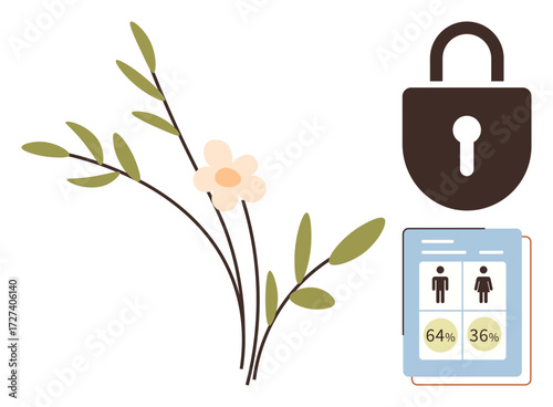 Brown padlock, blooming flower stem, and gender data chart with equal proportions. Ideal for privacy, security, gender equality, nature, data analysis statistics safety. Simple flat metaphor