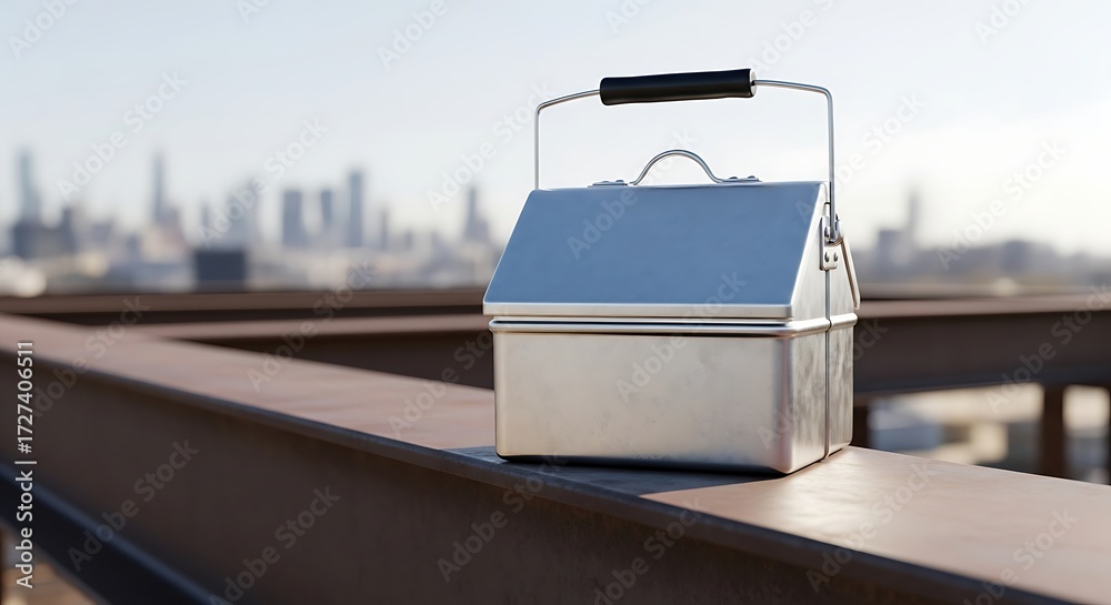 Fototapeta premium Classic Metallic Lunchbox with Blue Lid on Industrial Beam, Blurred Urban Skyline Backdrop.