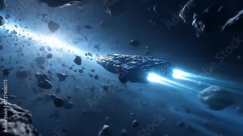 A large, dark spaceship navigates a dense asteroid field in the vastness of space.