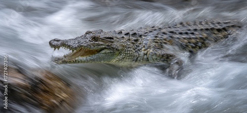 Crocodilian in a fast-moving stream