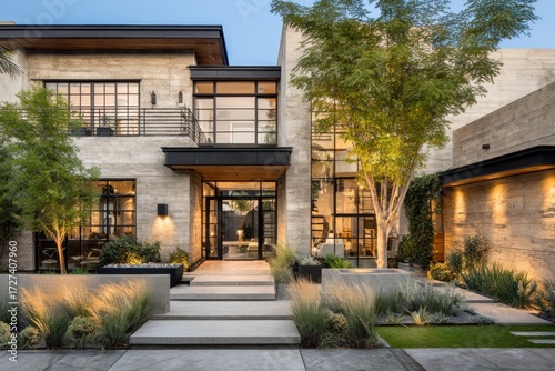 A modern concrete home with extensive landscaping and warm, inviting exterior lighting.