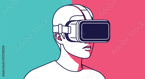 A striking, minimalist illustration depicts a person wearing a virtual reality headset, their gaze fixed forward. The background is split into contrasting teal and pink halves, emphasizing the immersi