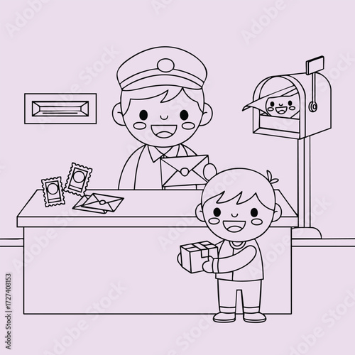 A cheerful postal worker assists a young child with a package at a colorful mail station filled with letters.
