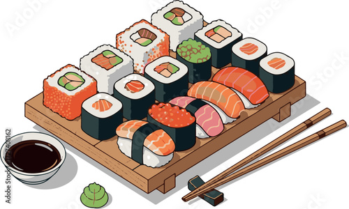 Isometric Sushi Platter with Maki, Nigiri, Soy Sauce, Wasabi, and Chopsticks