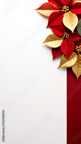 Elegant Christmas background with golden and red poinsettia flowers for festive decoration and holiday greeting card