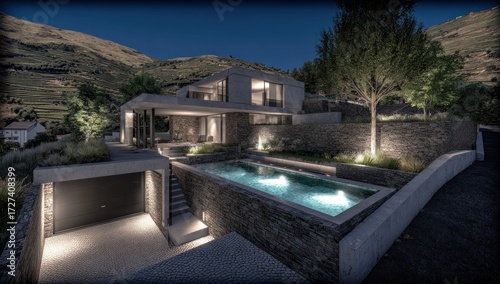 A modern, minimalist villa nestled in a hillside landscape at dusk, showcasing a stunning pool and exterior design elements.