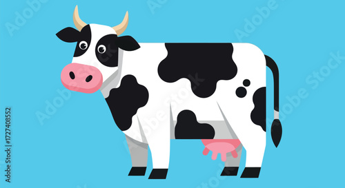 Charming cartoon holstein friesian cow with black and white patches standing on a vibrant blue background