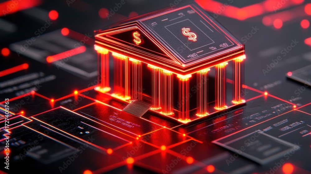 Obraz premium Abstract bank building digital finance red neon circuit board