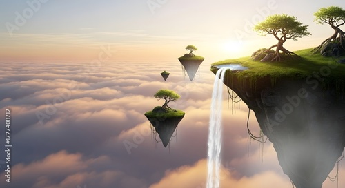 Floating islands in the sky at sunset, waterfalls cascading into clouds, ethereal landscape