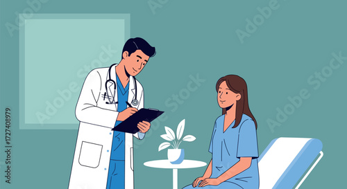 A male doctor in a white coat with a stethoscope is writing on a clipboard while a female patient sits on an examination table. They are in a clean, modern medical examination room.