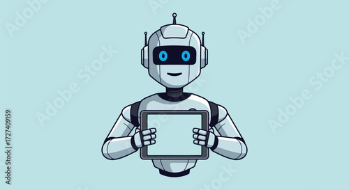 Friendly cartoon robot holding a glowing tablet displaying futuristic interface representing artificial intelligence and technology advancement