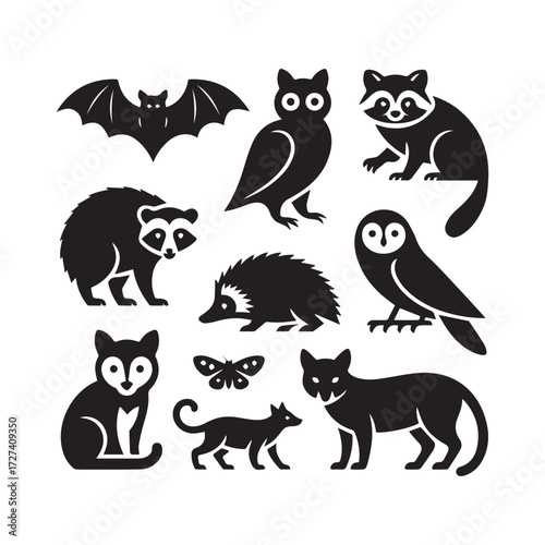 Vector art of collection of nocturnal animal silhouettes, featuring a bat, owl, raccoon, hedgehog, fox, cat, and moth