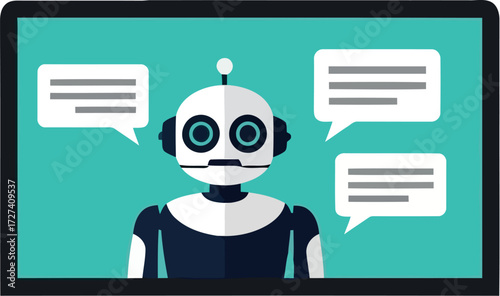 Friendly robot avatar on a computer screen engaging in a chat conversation with speech bubbles representing ai customer service and digital communication