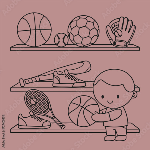 A cheerful child happily playing with various sports equipment displayed on shelves in a playful setting.