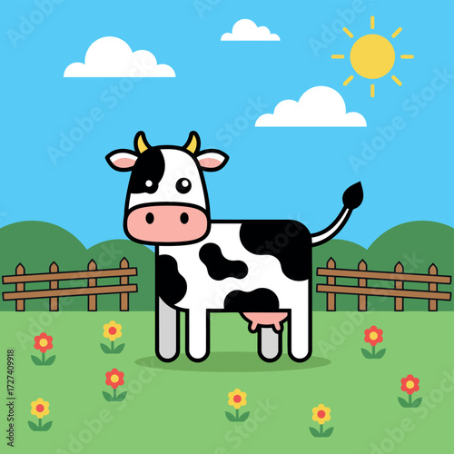 cartoon cow standing in a sunny field surrounded by flowers and a wooden fence. black and white cartoon cow stands in a vibrant green field under a bright sun. Small flowers dot the landscape, 