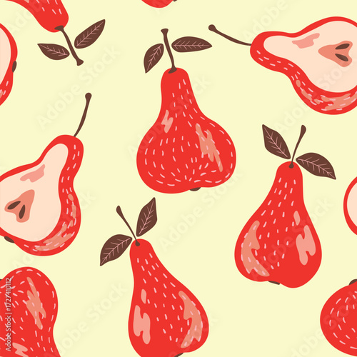 Seamless pattern with pear on color background. Natural delicious fresh ripe tasty fruit. Sweet pears with leaves. Food concept. Vector illustration for print, fabric, textile.