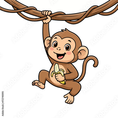 cartoon baby monkey with big eyes and a wide smile swings from a thick vine, clutching a ripe banana. Its tail curls playfully. Adorable cartoon monkey joyfully