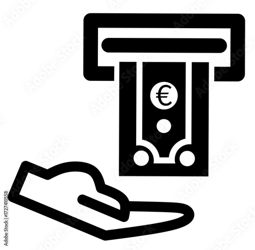 Black vector icon of ATM machine with euro banknote. Perfect for banking apps, fintech services, currency exchange, and business presentations.
