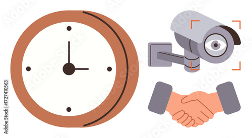 Clock indicating time, surveillance camera capturing area, and handshake symbolizing agreement. Ideal for teamwork, security, time management, punctuality, collaboration, monitoring reliability