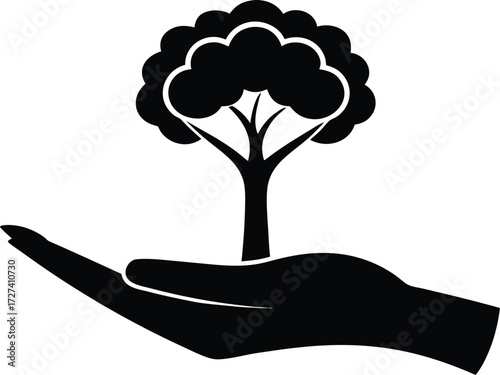 Tree in Open Palm Vector - Nature, Conservation, and Green Future Symbol. Tree in Hand Symbol Vector Illustration