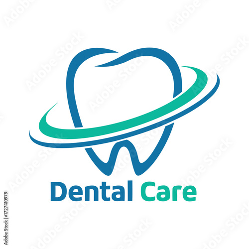 Blue and green abstract swooshes encircling a stylized tooth with text Dental Care health hygiene