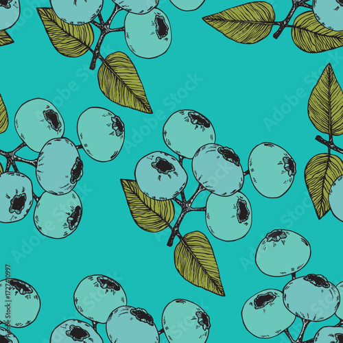 Seamless pattern with blueberry. Natural fresh ripe tasty blueberries. Vector illustration for background, packaging, textile, fabric and various other designs. Food concept.