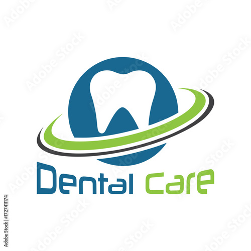 Blue green circular logo with white tooth and text dental care vector