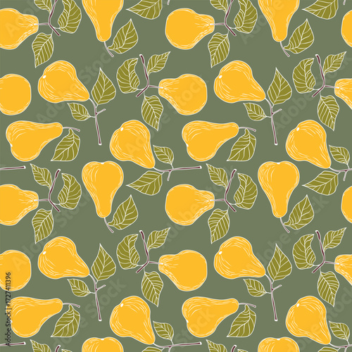 Seamless pattern with pear on color background. Natural delicious fresh ripe tasty fruit. Sweet pears with leaves. Food concept. Vector illustration for print, fabric, textile.
