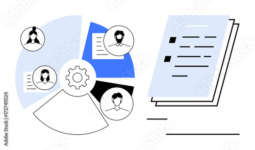 Circular chart with profile images, documents, and gear symbolizing teamwork, task allocation, and workflow. Ideal for collaboration, organization, planning, teamwork productivity communication