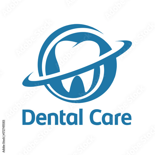 Blue tooth icon with orbiting rings and text Dental Care white