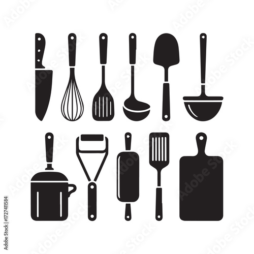 Vector art of kitchen utensils silhouette collection of cooking tools, including knife, whisk, spatula, ladle, and cutting board