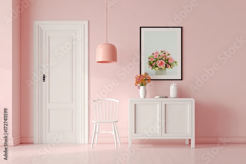 Pastel pink room with white furniture