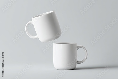 Two white mugs in mid-air against a plain background