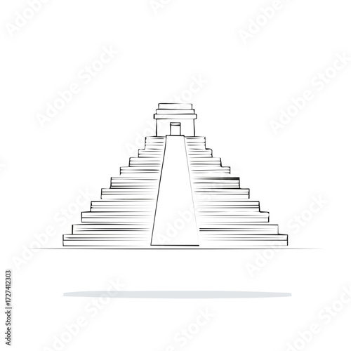 Stylized illustration of ancient Mesoamerican pyramid with stairs and a temple at the top