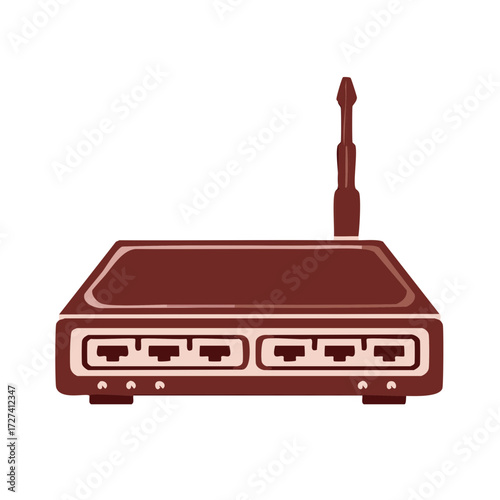 Stylized illustration of a broadband wireless home network internet modem router with antenna and ports