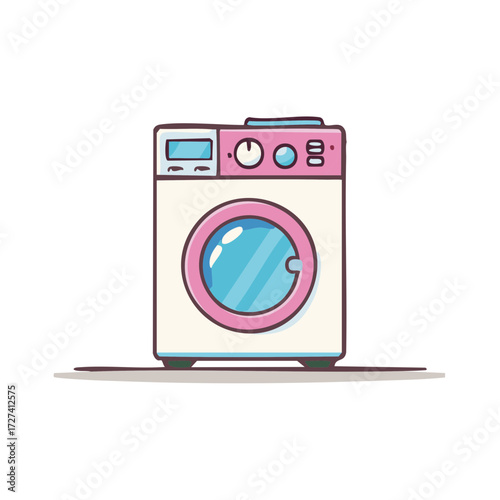 A cute pink and blue front loading washing machine in a simple cartoon vector style