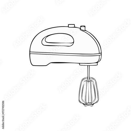 Line art illustration of a hand mixer appliance with whisks for baking and cooking