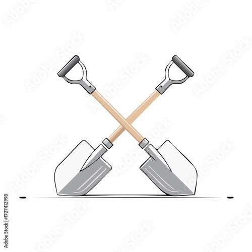 Two crossed shovels with wooden handles. Vector illustration icon for digging, construction, or gardening.