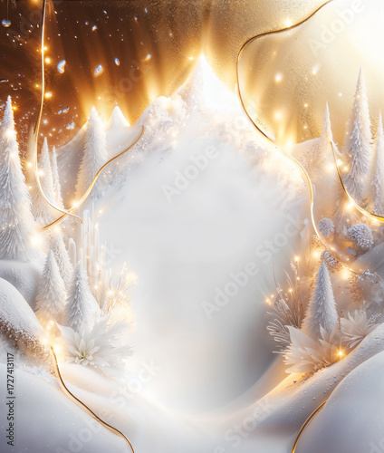 Magical winter scene with white snow-covered trees, golden lights, and sparkling details, leaving an empty space for text. Perfect for Christmas and New Year greeting cards, holiday invitations