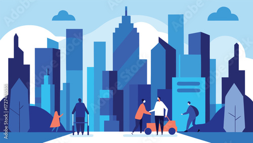 Vector art of urban cityscape illustration with pedestrians and modern architecture, showcasing community and urban life in a stylized design
