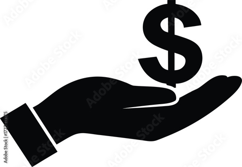 Open Hand Offering Dollar Bill Vector Icon - Charity, Donation, and Financial Aid Symbol. Dollar Bill in Hand Symbol Vector Illustration.
