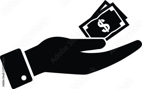 Open Hand Offering Dollar Bill Vector Icon - Charity, Donation, and Financial Aid Symbol. Dollar Bill in Hand Symbol Vector Illustration.