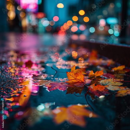 Autumn leaves float in a puddle reflecting colorful city lights at dusk. Moody bokeh reflection creates a cinematic, urban-autumn contrast.