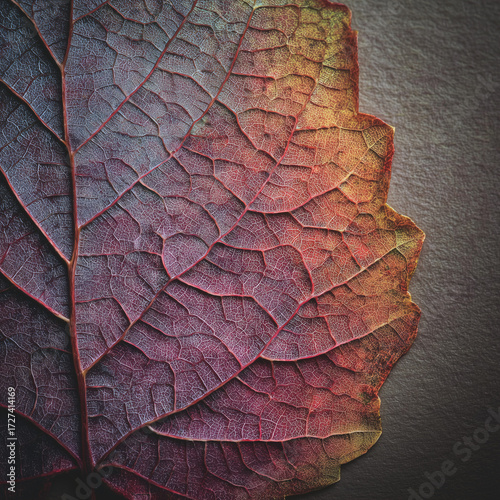Extreme close-up of an autumn leaf's vein structure, resembling a natural map. Ultra-detailed macro shot highlighting texture and organic patterning