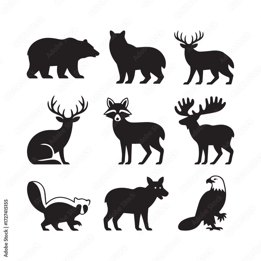Fototapeta premium Vector art of silhouette of wild animals bear, wolf, deer, raccoon, moose, skunk, coyote, eagle in black and white style