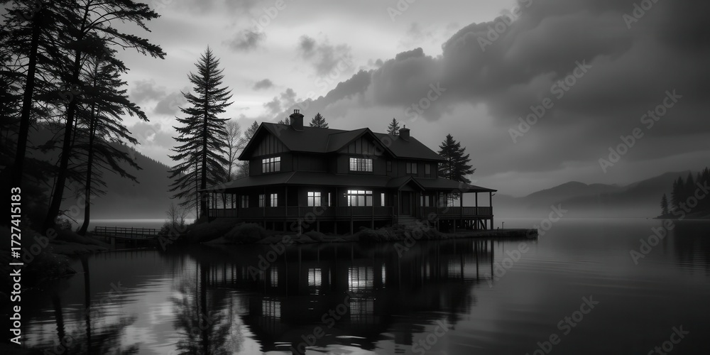 Fototapeta premium Timeless Lakeside Serenity Black and White Lake House A Classic Study in Light and Shadow
