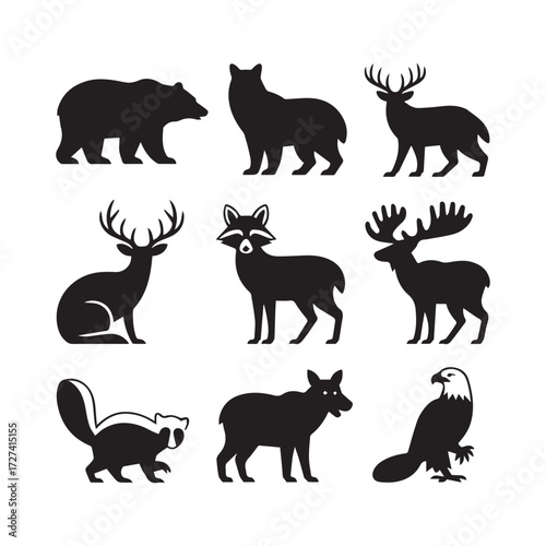 Vector art of silhouette of wild animals bear, wolf, deer, raccoon, moose, skunk, coyote, eagle in black and white style